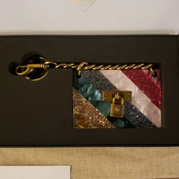 NIB! Kurt Geiger Glitter Striped Keychain / Purse Charm w/ Gold Chain - Picture 3 of 5